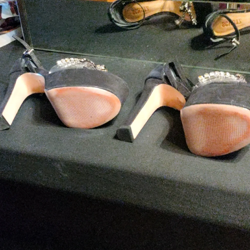 Schultz Platform Black Suede Shoes Rhinestone - Picture 3 of 4